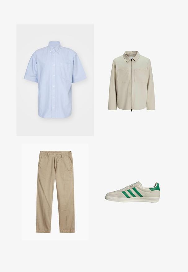 Beige Jacke aus weichem Stoff, mit Kragen, Frontreißverschluss und zwei großen Brusttaschen. Lange Ärmel mit lässiger Passform.; Hellblaues kurzärmliges Hemd aus Baumwolle mit Knopfleiste. Es hat einen Kragen und eine Brusttasche. Einfaches Design in einfarbiger Ausführung.; Beige gerade geschnittene Chinos mit Gürtelschlaufen, vorderem Knopf- und Reißverschlussverschluss sowie schrägen Fronttaschen.; Beige Sneaker mit grünen Streifen, ausgestattet mit einer weißen Sohle und einem Obermaterial aus glattem Leder. Seitenansicht, die die Schnürdetails und das Logo hervorhebt.