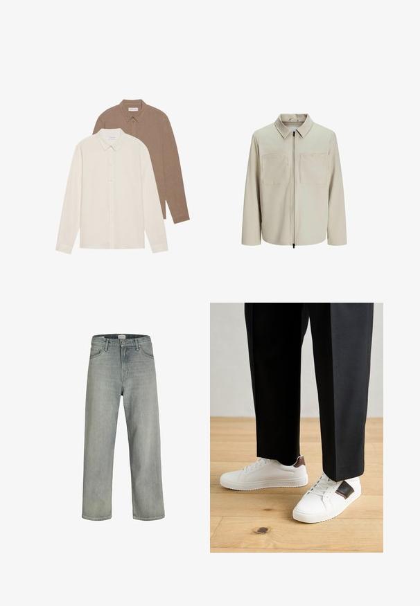Jachetă bej dintr-un material moale, având o guler, fermoar frontal și două buzunare mari pe piept. Mâneci lungi cu o croială lejeră.; Două cămăși cu mâneci lungi: una crem și una maronie, ambele cu guler cu butoni, textura materialului vizibilă, design simplu și etichete vizibile.; Jeans decolorate, cu croială confortabilă, realizate din denim. Prezentă un design clasic cu cinci buzunare, bucle pentru curea și o siluetă dreaptă.; Sneakers albe cu textură netedă, având accente din piele maro și detalii negre, asociate cu pantaloni negri pe măsură. Fundal din podea din lemn.