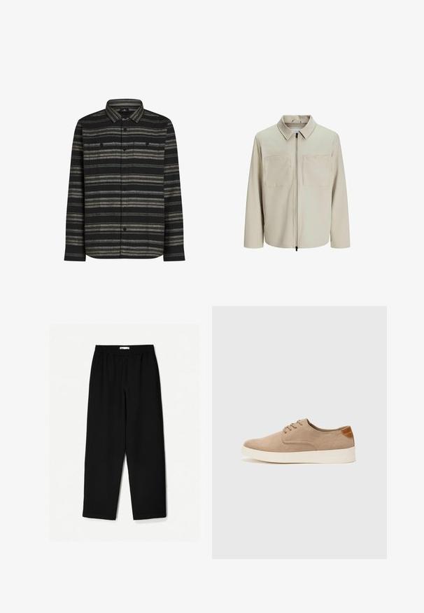 Beige takki, joka on valmistettu pehmeästä kankaasta. Siinä on kaulus, etuvetoketju ja kaksi suurta rintataskua. Pitkät hihat ja rento istuvuus.; Musta pitkähihaine paita, jossa on vaakasuorat harmaat raidat, napitettava etuosa ja kaksi rintataskua. Valmistettu pehmeästä kankaasta, jossa on tekstuuripinta.; Mustat, leveät lahkeet tehty kevyestä kankaasta. Ominaisuuksiin kuuluu joustava vyötärö ja sileä tekstuuri. Ei näkyviä kuvioita tai kiinnikkeitä.; Beige nubuck-lenkkarit, joissa on pyöreä kärki, nauhakiinnitys ja teksturoitu takaosa. Valkoinen kumipohja tuo kontrastia. Yksinkertainen ja moderni muotoilu.