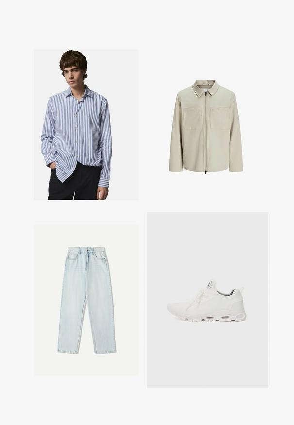 Beige Jacke aus weichem Stoff, mit Kragen, Frontreißverschluss und zwei großen Brusttaschen. Lange Ärmel mit lässiger Passform.; Gestreiftes Hemd in Weiß und Blau. Mit klassischem Kragen, langen Ärmeln und lockerer Passform. Weicher Stoff mit leichtem Glanz.; Helle blaue Denim-Jeans mit lässiger Passform, geradem Beindesign, Fünf-Taschen-Stil und dezentem Verblassen des Stoffes.; Weiße Sportschuhe mit einem strukturierten Strickobermaterial, flachen Schnürsenkeln und einer gepolsterten Sohle mit sichtbaren Luftkammern für zusätzlichen Halt.