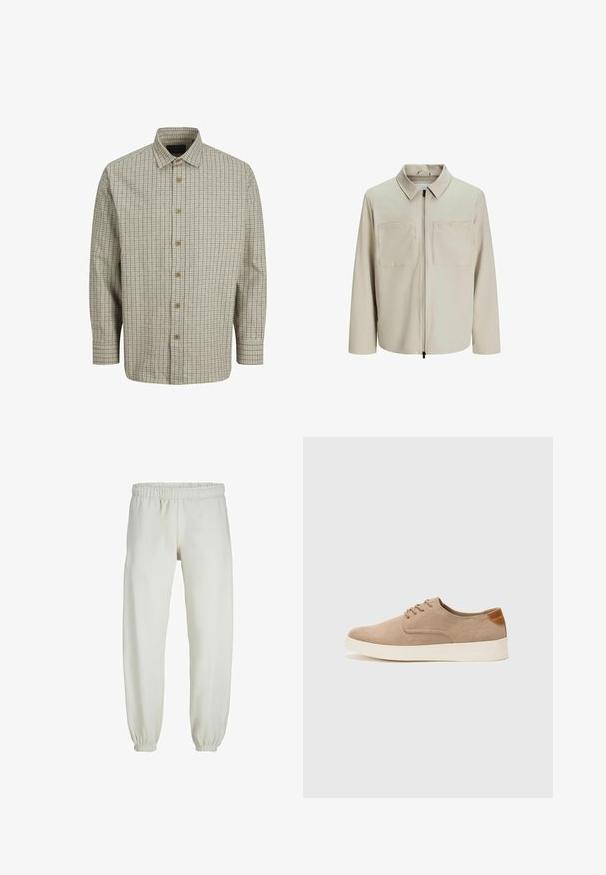 Beige színű, puha anyagból készült dzseki, gallérral, elülső cipzárral és két nagy zsebbe való mellel. Hosszú ujjú, laza fazonú.; Gombos ing, könnyű anyagból készült, bézs és sötétkék kockás mintázattal, széles gallérral és fából készült gombokkal.; Fehér melegítőnadrág, puha anyagból készült, rugalmas derékrésszel és mandzsettával, sima tapintású és laza szabású.; Beige velúr sportcipő, kerek orral, fűzős elülső résszel és textúrált hátsó részlettel. Fehér gumitalp kontrasztot ad. Egyszerű és modern design.