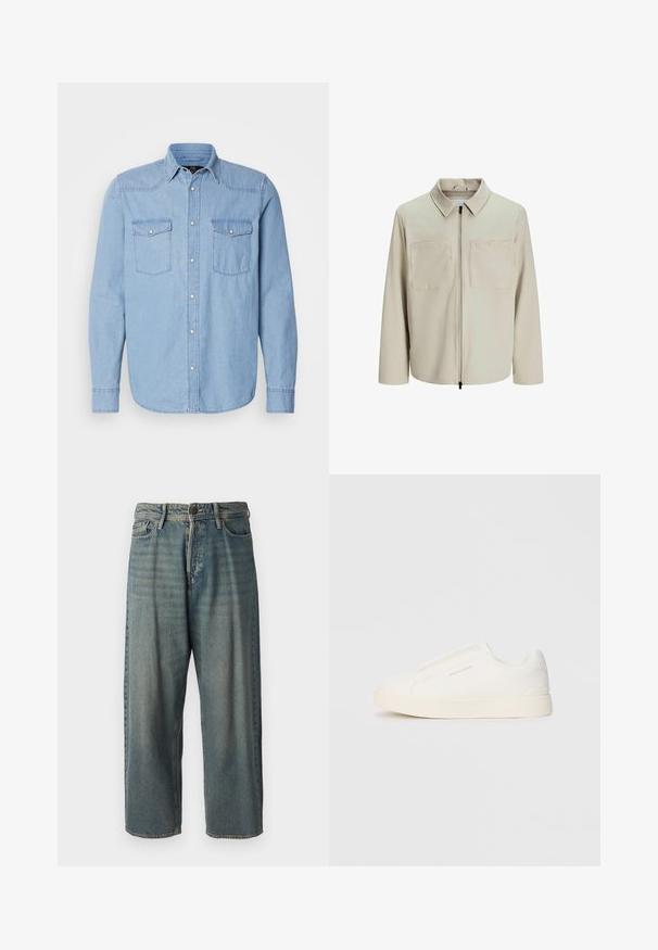 Beige Jacke aus weichem Stoff, mit Kragen, Frontreißverschluss und zwei großen Brusttaschen. Lange Ärmel mit lässiger Passform.; Hellblaues Jeanshemd mit langen Ärmeln, zwei Brusttaschen, durchgehender Knopfleiste und einem klassischen Kragen mit weißen Steppnähten.; Helle blaue Denim-Jeans mit lockerer Passform, mittelhoher Taille und geraden Beinen. Hat fünf Taschen, Gürtelschlaufen und einen Knopfverschluss.; Weiße Slip-On-Sneaker mit einer strukturierten Oberfläche, dicker Sohle und minimalistischem Design. Mit Logo der Marke an der Seite.