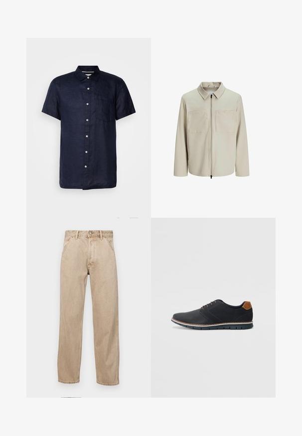 Bež jakk, mis on valmistatud pehmest kangast, millel on krae, ees zip ja kaks suurt rinna taskut. Pikad varrukad, millel on mugav lõige.; Lühikeste varrukatega tumesinine lina särk, millel on nööbid alla ja eestasku, valged nööbid, tekstuuriga kangas ja sirge helmik.; Bežidemini teksased sirgjoonise kujundusega, front pocket'itega, metallist nööbi kinnitusega ja peene tekstuuriga.; Mustavad sünteetilised jalatsid tekstureeritud pealsega, siledad aktsendid, pruun kand ja kontrastne tall. Omab minimaalset lukkude ja õmbluste dekoratsiooni.