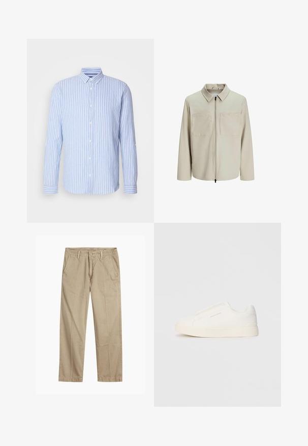 Beige jacket made of soft fabric, featuring a collar, front zip, and two large chest pockets. Long sleeves with a relaxed fit.; Light blue and white striped long-sleeve shirt with a button-down collar, featuring a front placket with white buttons and cuff accents.; Beige straight-leg chinos with belt loops, front button and zipper closure, and slant front pockets.; White slip-on sneakers with a textured surface, a thick sole, and minimalistic design. Features brand logo on the side.