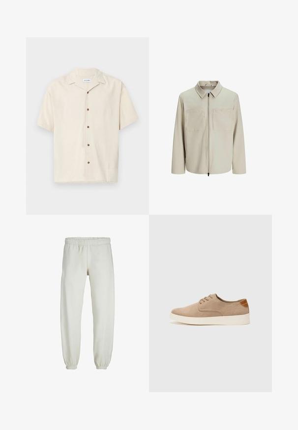 Beige jacka i mjukt tyg, med krage, framsida med dragkedja och två stora bröstfickor. Långa ärmar med avslappnad passform.; Kortärmad beige skjorta i ett mjukt tyg. Har en spetsig krage och bruna knappar längs fram.; Vita sweatpants gjorda av mjukt tyg, med elastisk midja och muddar, samt en slät textur och lös passform.; Beige mockasinsneakers med rund tå, snörning fram och texturerad bakaxel. Vit gummisula ger kontrast. Enkelt och modernt design.