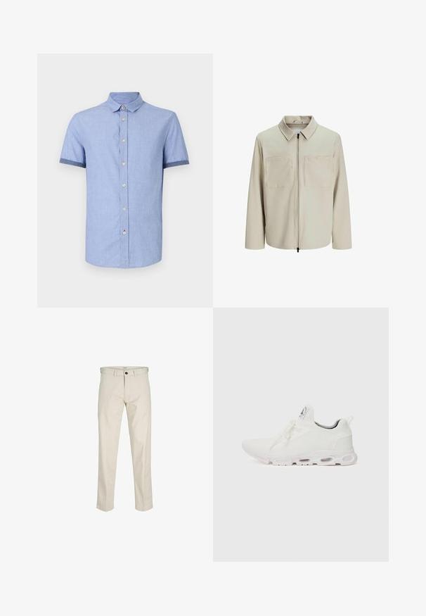 Beige jakke lavet af blødt stof, med krave, frontlynlås og to store brystlommer. Lange ærmer med afslappet pasform.; Lyseblå kortærmet skjorte med knapkrave, der har lysebrune knapper og kontrasterende mørkeblå kant på ærmerne.; Beige bomuldsbukser med lige pasform, knaplukning, forlommer og stikninger. Glat tekstur, minimalt detaljeret og uden mønstre.; Hvide atletiske sko med en tekstureret strikket overdel, flade snørebånd og en polstret sål med synlige luftkamre for ekstra støtte.