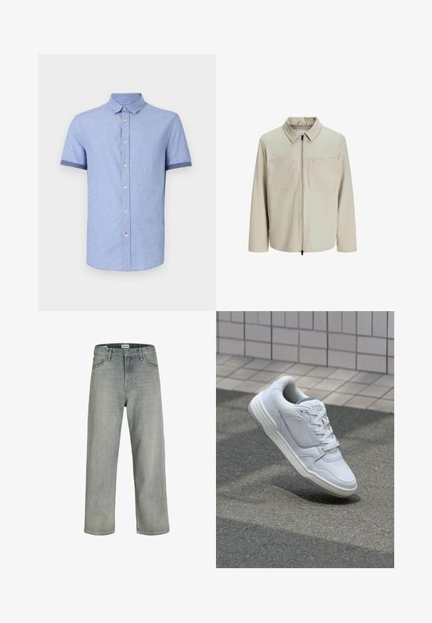 Giacca beige realizzata in tessuto morbido, dotata di colletto, zip frontale e due ampie tasche sul petto. Maniche lunghe con una vestibilità rilassata.; Camicia azzurro chiaro a maniche corte con colletto button-down, dotata di bottoni marrone chiaro e rifiniture contrastanti blu scuro sulle maniche.; Jeans grigi chiaro, con vestibilità comoda, realizzati in denim. Presentano un classico design a cinque tasche, passanti per cintura e una silhouette a gamba dritta.; Sneaker bianca in pelle con lati perforati, accenti testurizzati, lacci piatti e tallone grigio a contrasto. Presenta una suola leggermente elevata.