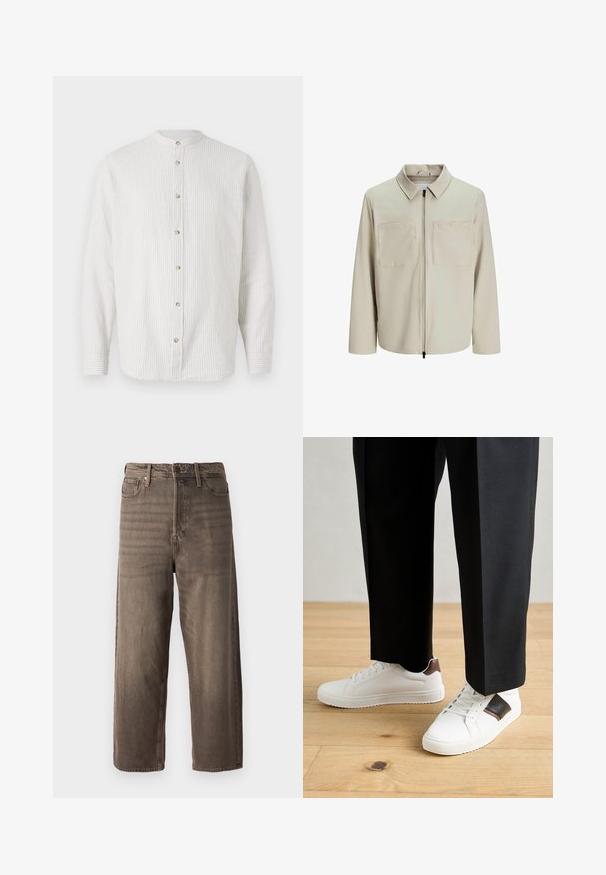 Beige Jacke aus weichem Stoff, mit Kragen, Frontreißverschluss und zwei großen Brusttaschen. Lange Ärmel mit lässiger Passform.; Gestreiftes Button-up-Hemd in hellem Creme und dezentem Beige, mit Stehkragen, langen Ärmeln und runden Knöpfen an der Vorderseite.; Braune weit geschnittene Jeans aus Denim. Mit Reißverschluss, Gürtelschlaufen und fünf Taschen. Der Stoff hat eine verblasste, strukturierte Optik.; Weiße Sneakers mit glatter Textur, versehen mit braunen Lederakzenten und schwarzen Details, kombiniert mit schwarzen maßgeschneiderten Hosen. Hintergrund aus Holzboden.