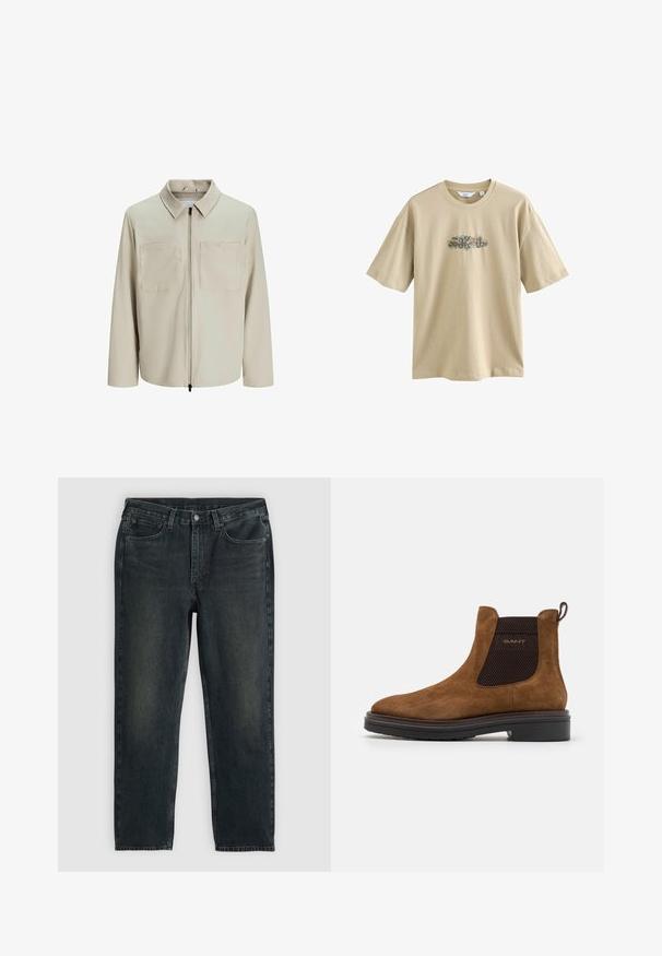 Jachetă bej dintr-un material moale, având o guler, fermoar frontal și două buzunare mari pe piept. Mâneci lungi cu o croială lejeră.; Tricou din bumbac bej, cu un imprimeu grafic în centru. Designul include elemente colorate și text curbat. Mânici scurte și guler rotund.; Blugi din denim de culoare albastru închis, cu croi drept, având cinci buzunare, fermoar și cusături în contrast. Ușor uzate pe material.; Botină din suede maro, cu vârful rotunjit și panouri elastice laterale. Include un accent texturat negru și o bandă pentru a o trasa pe spate. Talpa neagră.