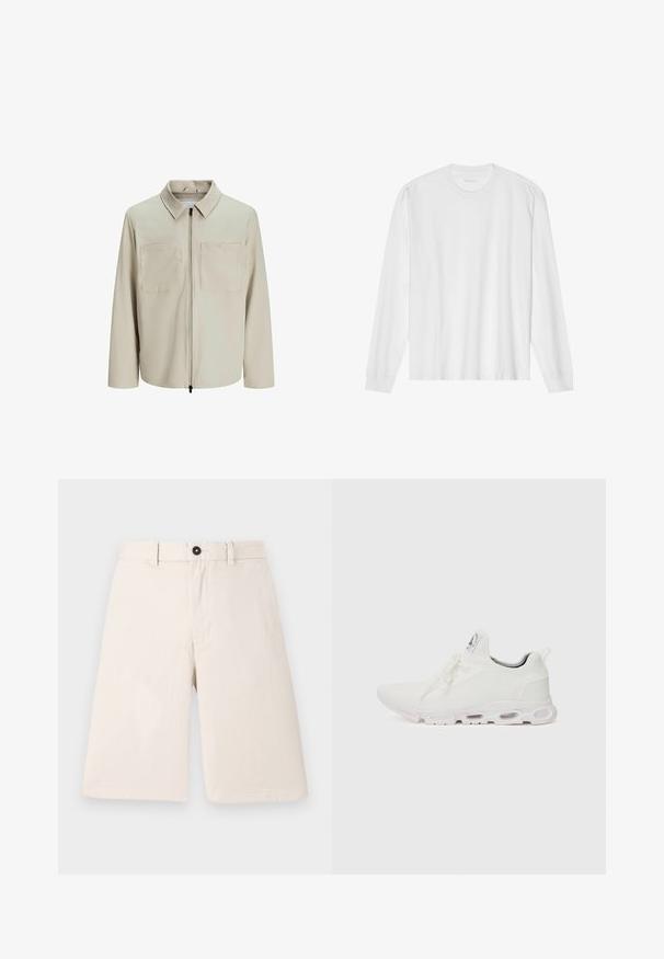 Béžová bunda vyrobená z jemného materiálu, s golierom, predným zipsom a dvoma veľkými náprsníkmi. Dlhé rukávy s voľným strihom.; Dlhý rukáv, biela bavlnená tričko s okrúhlym výstrihom a rebrovanými manžetami. Jednoduchý, bezvýzdobový dizajn s hladkou textúrou a štandardným strihom.; Béžové bavlnené šortky s rovnými strihom, so zapínaním na gombík a pútkami na opasok. Hladká textúra bez vzorov alebo akcentov.; Biele športové topánky so štruktúrovaným pleteným zvrškom, plochými šnúrkami a odpruženou podrážkou s viditeľnými vzduchovými komorami pre dodatočnú podporu.