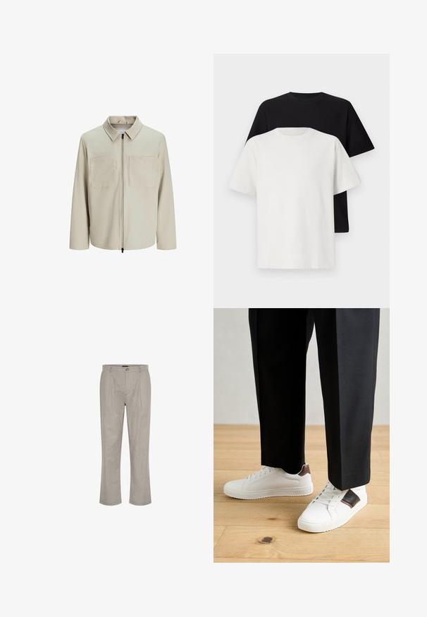 Beige színű, puha anyagból készült dzseki, gallérral, elülső cipzárral és két nagy zsebbe való mellel. Hosszú ujjú, laza fazonú.; Pamut póló szett, amely egy fekete és egy fehér pólót tartalmaz, mindkettő rövid ujjú, környakú és normál fazonú. Texturált anyag.; Világosszürke vászon nadrág, egyenes szabással, egy gombos záródással és két elülső redővel a részletes megjelenésért.; Fehér sneaker, sima textúrával, barna bőr díszítéssel és fekete részletekkel, fekete szabott nadrággal párosítva. Fából készült padló háttér.