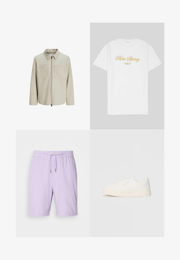 Beige Jacke aus weichem Stoff, mit Kragen, Frontreißverschluss und zwei großen Brusttaschen. Lange Ärmel mit lässiger Passform.; Weißes Baumwoll-T-Shirt mit goldenen Schriftzug "Palm Spring" und darunter "California Love Eighty Five", lockere Passform, Rundhalsausschnitt.; Lila Leinen-Shorts mit elastischem Bund, Kordelzug und zwei Seiten Taschen. Bietet eine lockere Passform und gesäumte Bündchen.; Weiße Slip-On-Sneaker mit einer strukturierten Oberfläche, dicker Sohle und minimalistischem Design. Mit Logo der Marke an der Seite.