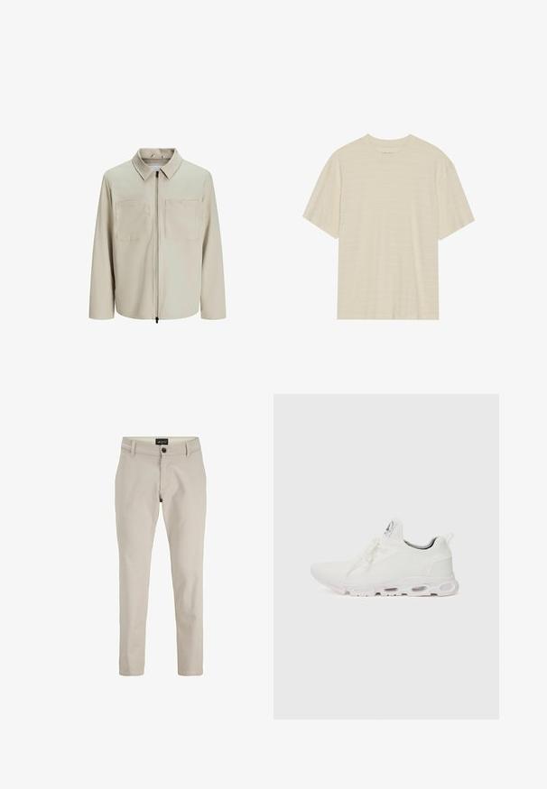Beige takki, joka on valmistettu pehmeästä kankaasta. Siinä on kaulus, etuvetoketju ja kaksi suurta rintataskua. Pitkät hihat ja rento istuvuus.; Lyhythihainen, vaalean kermanvärinen t-paita, jossa on hienovarainen raidallinen tekstuuri ja pyöreä kaula-aukko, valmistettu kevyestä kankaasta.; Beige puuvillachinot suoran lahkeen muotoilulla, jossa on edessä nappisuljenta ja vyölenkit. Suhde tekstuurille, minimalistinen tyyli.; Valkoiset urheilukengät, joissa on teksturoitu neulepinta, litteät nauhat ja pehmustettu pohja, jossa on näkyvät ilmakammiot lisätuen tarjoamiseksi.