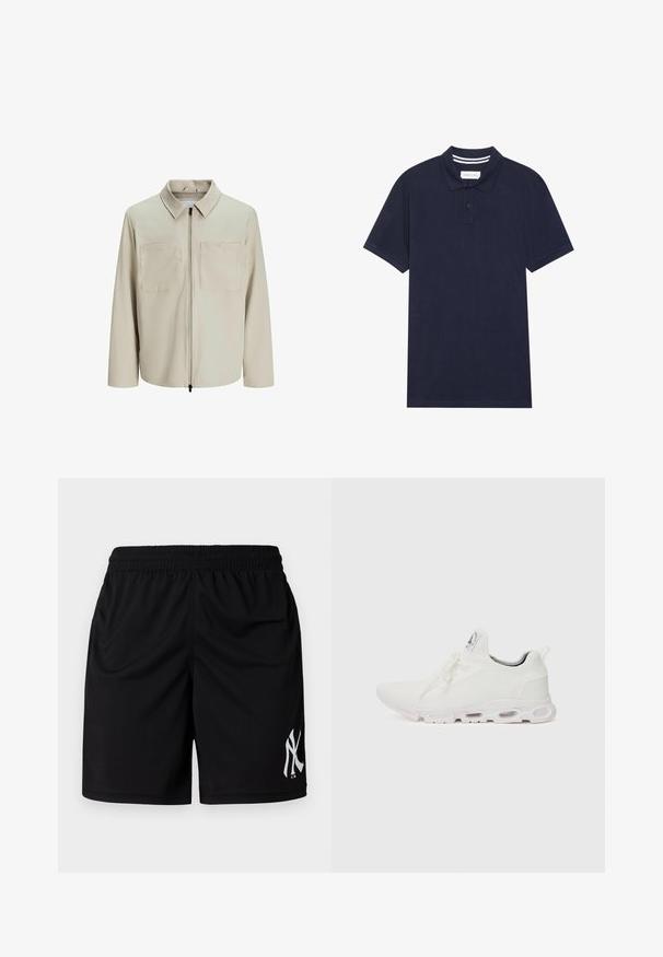 Kreminė striukė, pagaminta iš minkštos medžiagos, su apykakle, priekyje užtrauktuku ir dviem didelėmis krūtinės kišenėmis. Ilgos rankovės su laisvu pritaikymu.; Tamsiai mėlynas polo marškinėliai, pagaminti iš tekstūruotos medžiagos, su trimis mygtukais, trumpomis rankovėmis ir dryžuotu apykaklės detalizavimu.; Juodi sportiniai šortai su elastine juosmens juosta, lygia tekstūra ir baltu logotipo akcentu kairėje kojoje. Standartinio ilgio ir laisvo kirpimo.; Baltos sportinės detalės batai su tekstūruotu megztu viršumi, plokščiais raišteliais ir paminkštintu padu, kuriame matomos oro kameros papildomam palaikymui.