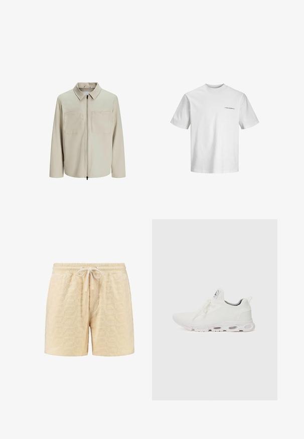 Bež jakk, mis on valmistatud pehmest kangast, millel on krae, ees zip ja kaks suurt rinna taskut. Pikad varrukad, millel on mugav lõige.; Valge puuvillane t-särk, ümmarguse kaelusega, lühikeste varrukatega, mille vasakul küljel on väike must tekst. Sile tekstuur, juhuslik sobivus.; Kreemikarva lühikesed püksid, mis on valmistatud tekstureeritud kangast ja millel on geomeetriline muster. Vöökoht on elastne ja reguleeritav nööriga.; Valged sportijalatsid, millel on tekstuuriga kudum peal, lame paelad ja pehmendatud tallad nähtavate õhukambritega täiendava toe jaoks.