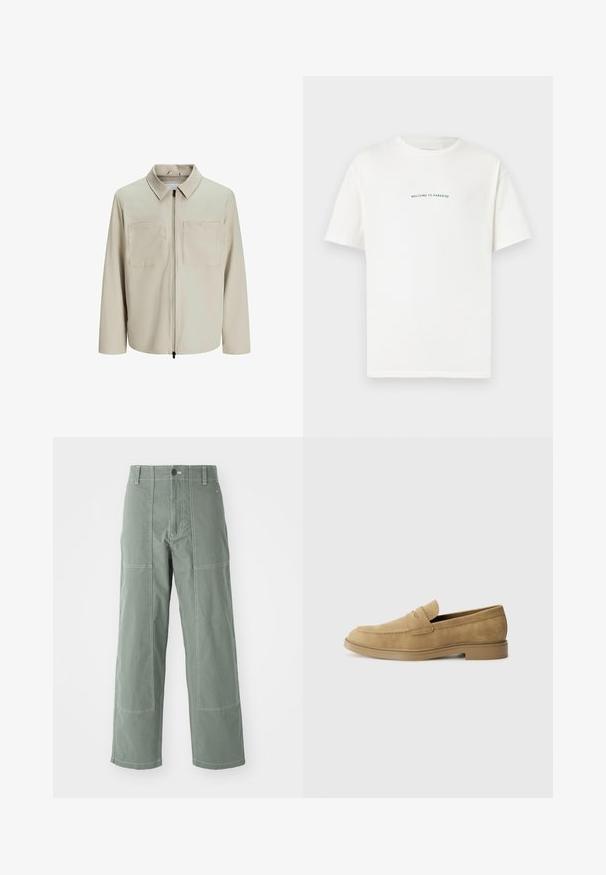 Beige jasje van zachte stof, met een kraag, een voorrits en twee grote borstzakken. Lange mouwen met een relaxte pasvorm.; Witte katoenen t-shirt met korte mouwen en een ronde hals. In het midden staat de tekst "WELKOM BIJ HET PARADIJS" in een gebogen groene lettertype.; Groene cargobroek met een relaxte pasvorm, voorzien van opgestikte zakken, contrasterende stiksels, een knoopsluiting aan de voorkant en een rechte pijp.; Tan suède instappers met een ronde neus, lage blokhak en gestikte details op de bovenkant. Gladde textuur en minimalistisch ontwerp.