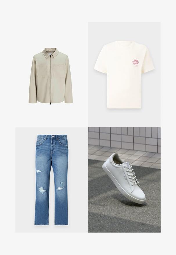 Jachetă bej dintr-un material moale, având o guler, fermoar frontal și două buzunare mari pe piept. Mâneci lungi cu o croială lejeră.; Tricou alb cu mânecă scurtă, având text roșu "Studio Originals Edition" pe partea stângă a pieptului, expus pe un fundal gri neutru.; Jeans din denim bleu deschis cu o croială regulară, prezentând petice uzate și margini desfăcute. Închidere cu nasture și design cu cinci buzunare.; Adidași albi din piele texturată, cu șireturi în față, talpă de cauciuc rezistentă și un design minimalistic, cu vârf întărit.