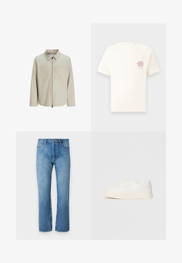 Giacca beige realizzata in tessuto morbido, dotata di colletto, zip frontale e due ampie tasche sul petto. Maniche lunghe con una vestibilità rilassata.; T-shirt bianco a maniche corte con testo rosso "Studio Originals Edition" sul lato sinistro del petto, esposto su uno sfondo grigio neutro.; Jeans in denim azzurro chiaro con taglio dritto, caratterizzati da un classico design a cinque tasche, chiusura con bottone e cuciture a contrasto.; Sneakers bianchi slip-on con superficie texturizzata, suola spessa e design minimalista. Presentano il logo del marchio sul lato.