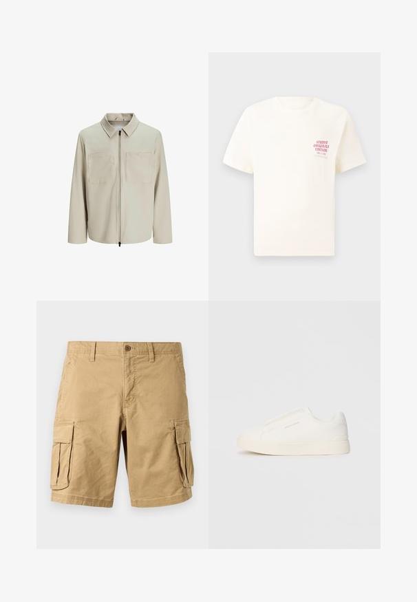 Bež jakk, mis on valmistatud pehmest kangast, millel on krae, ees zip ja kaks suurt rinna taskut. Pikad varrukad, millel on mugav lõige.; Valge lühikeste varrukatega T-särk, millel on vasakul rinnal punane tekst "Studio Originals Edition", esitatud neutraalsel hallil taustal.; Beige cargo lühikesed püksid, mis on valmistatud kergest puuvillast, kahte suurt külgetaskut, nup closure ja vööpaelu silmadega. Sile tekstuur.; Valged libisemiskindlad tossud tekstuuriga pinnaga, paksu tallaga ja minimalistikus disainis. Küljel on brändi logo.