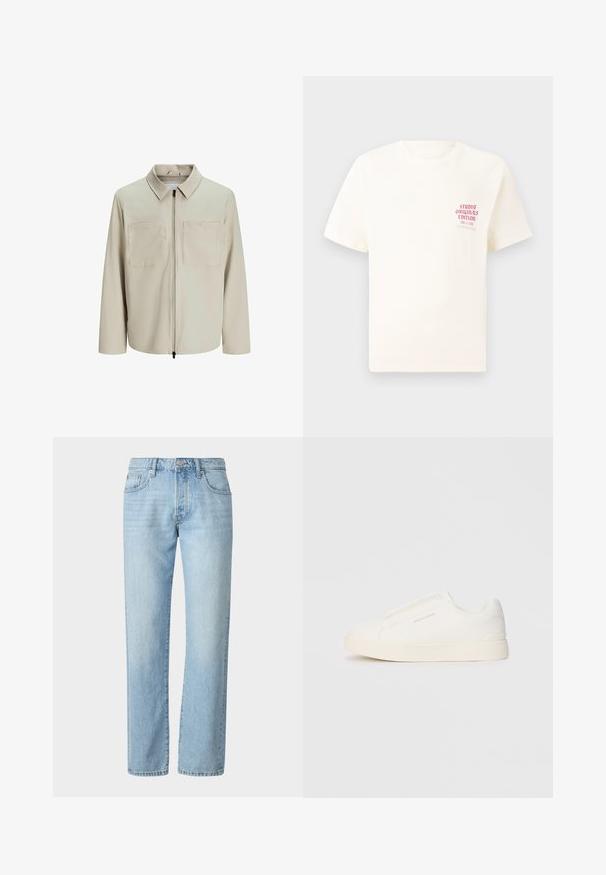 Jachetă bej dintr-un material moale, având o guler, fermoar frontal și două buzunare mari pe piept. Mâneci lungi cu o croială lejeră.; Tricou alb cu mânecă scurtă, având text roșu "Studio Originals Edition" pe partea stângă a pieptului, expus pe un fundal gri neutru.; Jeans din denim de un albastru deschis, cu o croială dreaptă, având un design clasic cu cinci buzunare și semne subtile de decolorare pe întreaga țesătură.; Tenisi albi slip-on cu o suprafață texturată, talpă groasă și un design minimalist. Prezintă logo-ul brandului pe lateral.