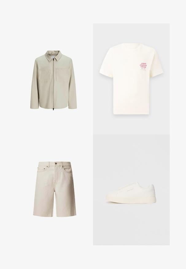 Bež jakk, mis on valmistatud pehmest kangast, millel on krae, ees zip ja kaks suurt rinna taskut. Pikad varrukad, millel on mugav lõige.; Valge lühikeste varrukatega T-särk, millel on vasakul rinnal punane tekst "Studio Originals Edition", esitatud neutraalsel hallil taustal.; Bežid denim lühikesed püksid sirge lõikega, viie tasku, ülemise nupuga ja vööpaelteele. Sile tekstuur koos peente õmblusdetailidega.; Valged libisemiskindlad tossud tekstuuriga pinnaga, paksu tallaga ja minimalistikus disainis. Küljel on brändi logo.