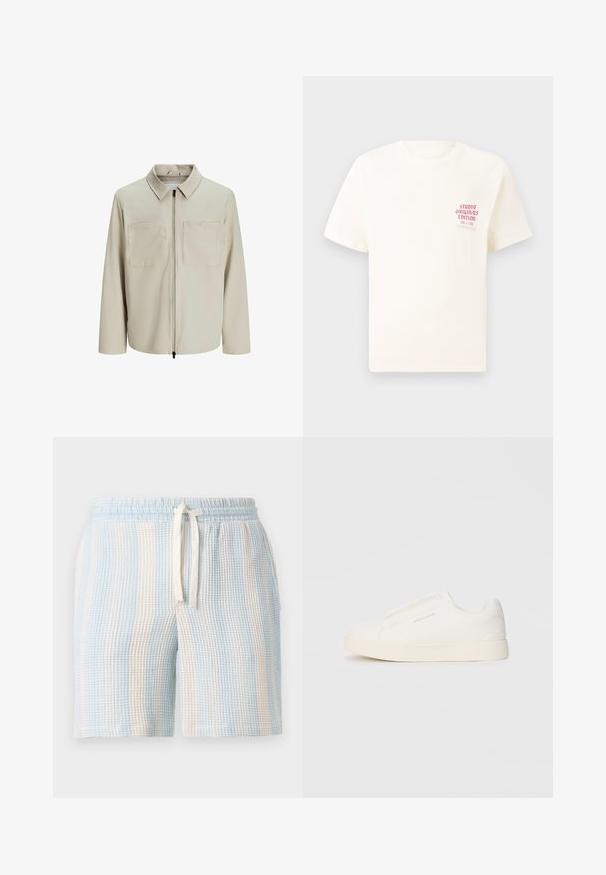 Giacca beige realizzata in tessuto morbido, dotata di colletto, zip frontale e due ampie tasche sul petto. Maniche lunghe con una vestibilità rilassata.; T-shirt bianco a maniche corte con testo rosso "Studio Originals Edition" sul lato sinistro del petto, esposto su uno sfondo grigio neutro.; Pantaloni corti leggeri e texturizzati con un motivo a righe blu e bianche. Presentano un elastico in vita e una chiusura con coulisse.; Sneakers bianchi slip-on con superficie texturizzata, suola spessa e design minimalista. Presentano il logo del marchio sul lato.