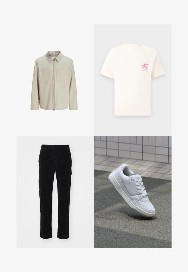 Beige jasje van zachte stof, met een kraag, een voorrits en twee grote borstzakken. Lange mouwen met een relaxte pasvorm.; Witte T-shirt met korte mouwen met rode tekst "Studio Originals Edition" op de linker borst, weergegeven op een neutrale grijze achtergrond.; Zwarte cargobroek met een elastische tailleband, twee zijzakken en een zachte, opgeruwde katoenen textuur. Rechtaflopende snit.; Witte lederen sneaker met geperforeerde zijkanten, gestructureerde accenten, platte veters en een contrasterende grijze hiel. Voorzien van een iets verhoogde zool.