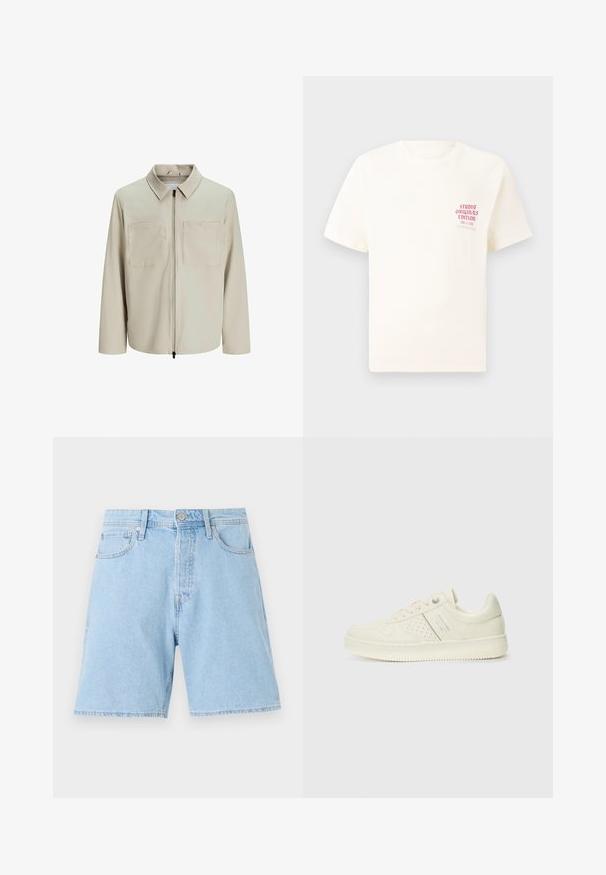 Beige jasje van zachte stof, met een kraag, een voorrits en twee grote borstzakken. Lange mouwen met een relaxte pasvorm.; Witte T-shirt met korte mouwen met rode tekst "Studio Originals Edition" op de linker borst, weergegeven op een neutrale grijze achtergrond.; Lichtblauwe denimshorts met een klassieke snit, vijf zakken, knoopsluiting en gestikt zoom. Duurzame stof met een gladde textuur.; Crème-kleurige sneaker met geperforeerde details, veters en een logo aan de zijkant, weergegeven tegen een eenvoudige witte achtergrond.