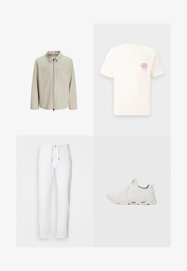 Beige jacket made of soft fabric, featuring a collar, front zip, and two large chest pockets. Long sleeves with a relaxed fit.; White short-sleeve T-shirt with red text "Studio Originals Edition" on left chest, displayed on a neutral gray background.; White linen trousers with a relaxed fit, drawstring waist, and subtle texture. Features straight legs and metal tips on the drawstring.; White athletic shoes featuring a textured knit upper, flat laces, and a cushioned sole with visible air chambers for added support.