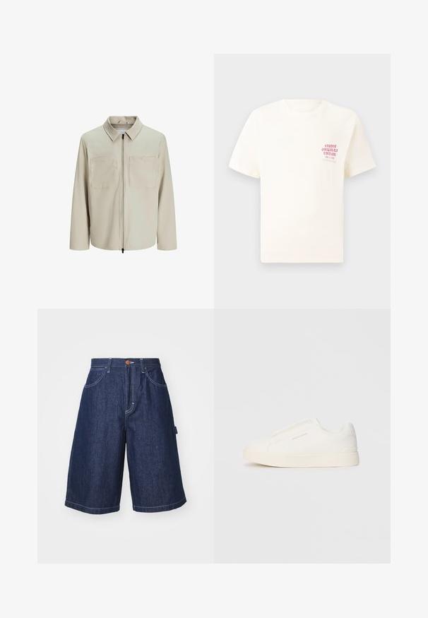 Bež jakna od mekog materijala, s ovratnikom, prednjim patentnim zatvaračem i dva velika džepa na grudima. Dugački rukavi s opuštenim krojem.; Bijela kratka majica s kratkim rukavima s crvenim natpisom "Studio Originals Edition" na lijevoj strani grudi, prikazana na neutralnoj sivoj pozadini.; Traper bermuda shorts u tamno plavoj boji, s ravnim krojem, bočnim džepovima, bijelim šavovima i prednjim zatvaranjem na gumb.; Bijele slip-on tenisice s teksturiranom površinom, debelim đonom i minimalističkim dizajnom. Sadrže logo branda sa strane.