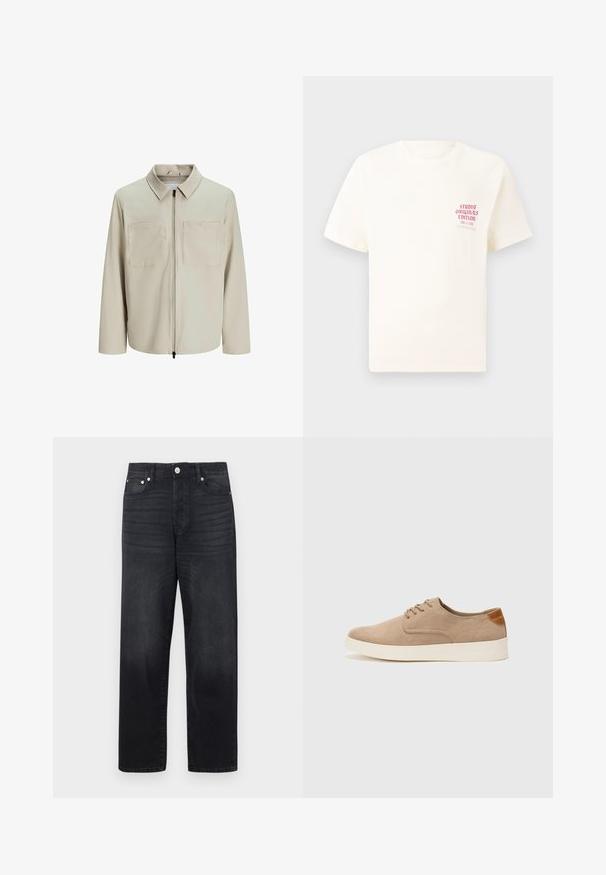 Beige jasje van zachte stof, met een kraag, een voorrits en twee grote borstzakken. Lange mouwen met een relaxte pasvorm.; Witte T-shirt met korte mouwen met rode tekst "Studio Originals Edition" op de linker borst, weergegeven op een neutrale grijze achtergrond.; Zwarte denim jeans met een rechte pijp, vijf zakken, metalen knoopsluiting en subtiele vervaging op de stof.; Beige suède sneakers met een ronde neus, vetersluiting aan de voorkant en een getextureerde achteraccent. De witte rubberen zool zorgt voor contrast. Eenvoudig en modern ontwerp.