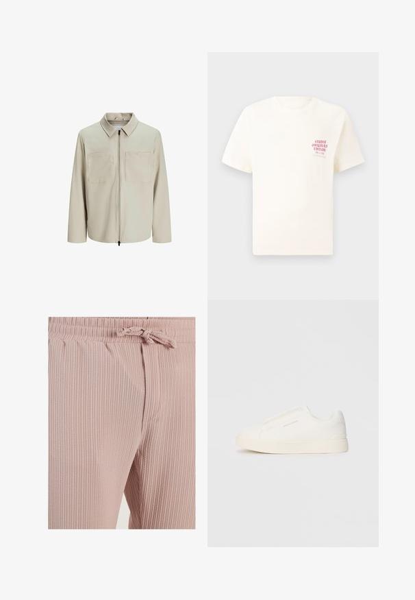 Beige jakke lavet af blødt stof, med krave, frontlynlås og to store brystlommer. Lange ærmer med afslappet pasform.; Hvid kortermet T-shirt med rød tekst "Studio Originals Edition" på venstre bryst, vist på en neutral grå baggrund.; Lyserøde ribbede stofbukser med elastisk talje og snor. Har sidelommer og lodret tekstur hele vejen igennem.; Hvide slip-on sneakers med en struktureret overflade, en tyk sål og et minimalistisk design. Har brandlogoet på siden.