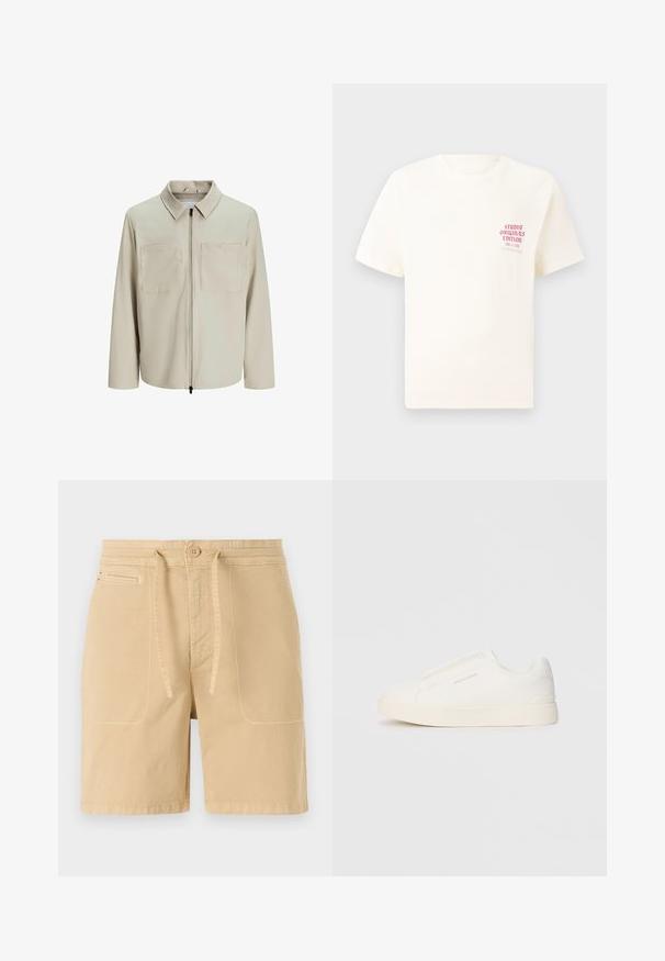 Beige jasje van zachte stof, met een kraag, een voorrits en twee grote borstzakken. Lange mouwen met een relaxte pasvorm.; Witte T-shirt met korte mouwen met rode tekst "Studio Originals Edition" op de linker borst, weergegeven op een neutrale grijze achtergrond.; Beige shorts van katoen, met een trekkoord in de taille, voorzakken en zichtbare stiksels. Eenvoudig, casual ontwerp.; Witte instap sneakers met een gestructureerd oppervlak, een dikke zool en een minimalistisch ontwerp. Bevat het merklogo aan de zijkant.