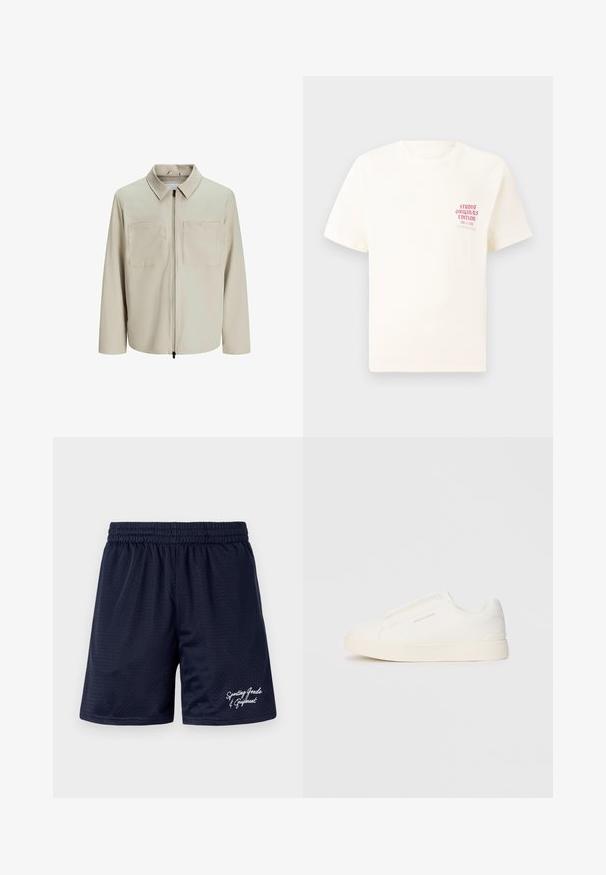 Beige jacket made of soft fabric, featuring a collar, front zip, and two large chest pockets. Long sleeves with a relaxed fit.; White short-sleeve T-shirt with red text "Studio Originals Edition" on left chest, displayed on a neutral gray background.; Navy blue mesh sports shorts with an elastic waistband. Features white embroidered text "Sporting Goods & Equipment" on the lower right.; White slip-on sneakers with a textured surface, a thick sole, and minimalistic design. Features brand logo on the side.