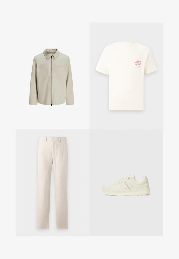 Beige jacket made of soft fabric, featuring a collar, front zip, and two large chest pockets. Long sleeves with a relaxed fit.; White short-sleeve T-shirt with red text "Studio Originals Edition" on left chest, displayed on a neutral gray background.; Beige linen trousers with a straight leg design, featuring a button closure, front and back pockets, and a smooth texture.; Cream-colored sneaker with perforated detailing, laces, and logo on the side, displayed against a plain white background.