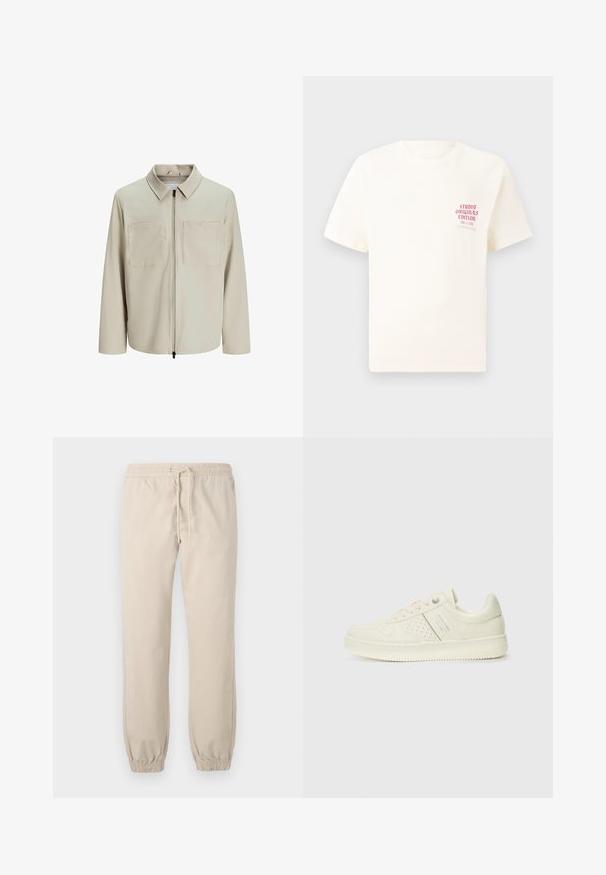 Chaqueta beige hecha de un tejido suave, con cuello, cierre frontal y dos grandes bolsillos en el pecho. Mangas largas con un corte relajado.; Camiseta blanca de manga corta con el texto rojo "Edición de Studio Originals" en el lado izquierdo del pecho, exhibida sobre un fondo gris neutro.; Pantalones jogger ligeros en color beige, con cintura elástica y cordón. Puños ajustados en los tobillos, textura suave, diseño minimalista.; Zapatilla color crema con detalles perforados, cordones y logotipo en el lateral, exhibida sobre un fondo blanco liso.