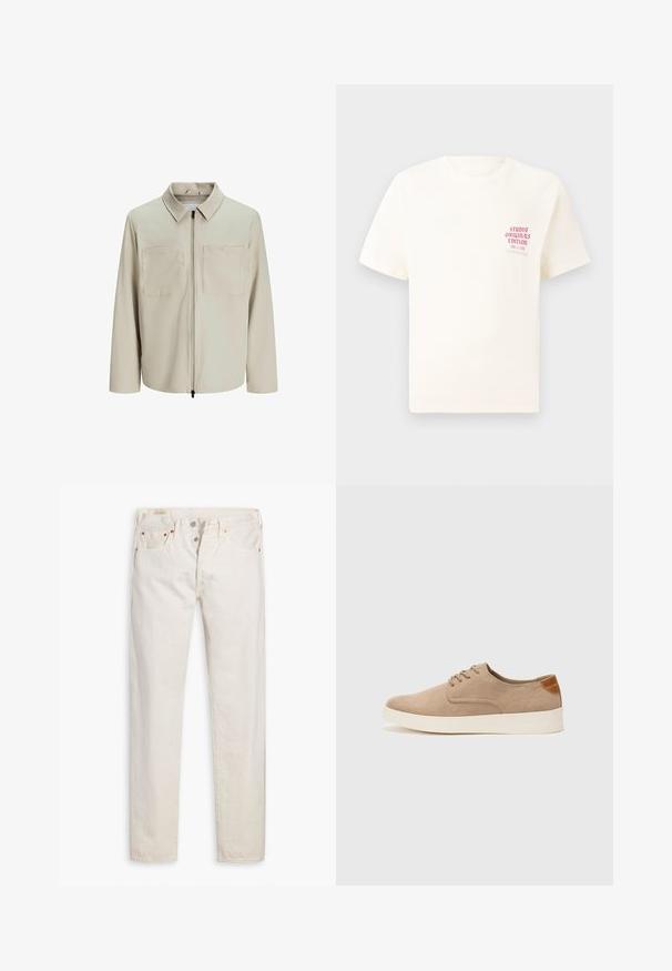 Bež jakk, mis on valmistatud pehmest kangast, millel on krae, ees zip ja kaks suurt rinna taskut. Pikad varrukad, millel on mugav lõige.; Valge lühikeste varrukatega T-särk, millel on vasakul rinnal punane tekst "Studio Originals Edition", esitatud neutraalsel hallil taustal.; Kreemikas kõrge talje kitsas lõige teksad, nupuga sulgemine, viie taskuga ja vasknõeltega, asetatud tasasele valgele taustale.; Beežid nahast tossud ümarate varvastega, paeltega esiosa ja tekstuuriga tagakontuuriga. Valge kummist tallapakkumine loob kontrasti. Lihtne ja kaasaegne disain.