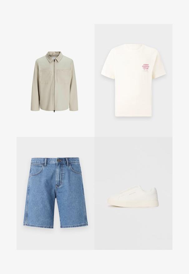 Béžová bunda vyrobená z jemného materiálu, s golierom, predným zipsom a dvoma veľkými náprsníkmi. Dlhé rukávy s voľným strihom.; Biele tričko s krátkym rukávom s červeným textom "Studio Originals Edition" na ľavej hrudi, zobrazené na neutrálnom šedom pozadí.; Džínové šortky svetlomodrej farby s rovný strihom, päť vrecami a viditeľným šitím. Zapínanie na gombík v páse.; Biele slip-on tenisky s textúrovaným povrchom, hrubou podrážkou a minimalistickým dizajnom. Obsahuje logo značky na boku.