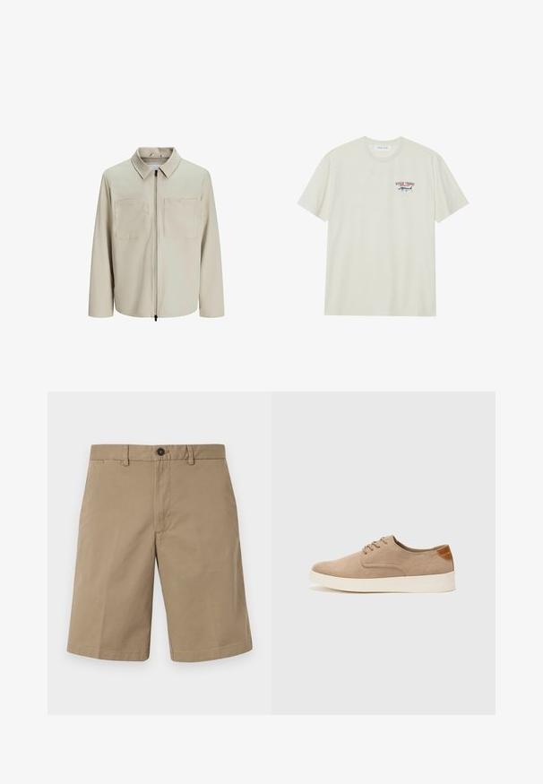 Bež jakna od mekog materijala, s ovratnikom, prednjim patentnim zatvaračem i dva velika džepa na grudima. Dugački rukavi s opuštenim krojem.; Svijetlosmeđa pamučna majica kratkih rukava. Sadrži mali plavi i crveni grafički prikaz marlinske ribe uz natpis "MARLIN TROPHY".; Kratke hlače bež boje, izrađene od pamuka, ravnog kroja, s dva prednja džepa i dugmadi na zatvaranju. Glatka tekstura s minimalističkim dizajnom.; Bež nubuk tenisice s okruglim vrhom, vezanjem sprijeda i teksturiranim stražnjim naglaskom. Bijela gumena potpetica pruža kontrast. Jednostavan i moderan dizajn.