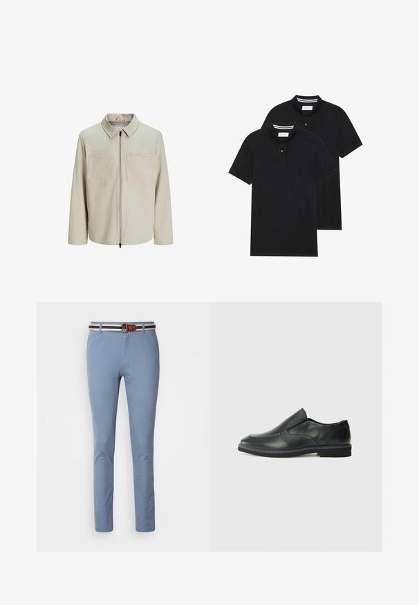 Bež jakna od mekog materijala, s ovratnikom, prednjim patentnim zatvaračem i dva velika džepa na grudima. Dugački rukavi s opuštenim krojem.; Dva crna polo majice, kratki rukavi, pamučni materijal, sa klasičnom ovratnikom, čepom sa dva gumba i bijelim prugastim detaljima unutar ovratnika.; Svijetloplave hlače uskog kroja, sa smešnim kožnim pojasom s bijelim i mornarsko plavim prugama. Glatka tekstura tkanine, klasičan dizajn.; Crne kožne cipele na sklapanje s glatkom gornjom površinom, prošivenim detaljima, zaobljenim vrhom i niskim gumene potplate. Potplat ima minimalne uzorke.