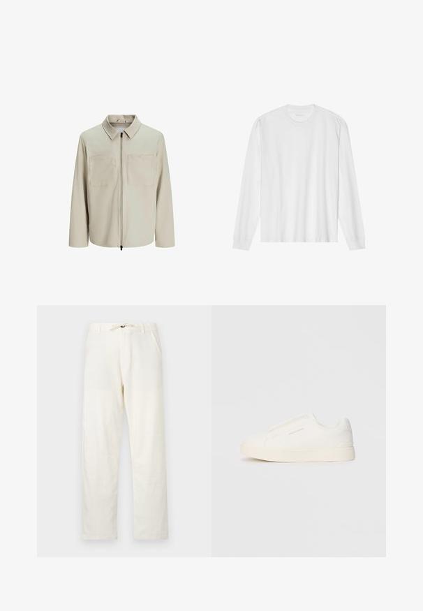 Kreminė striukė, pagaminta iš minkštos medžiagos, su apykakle, priekyje užtrauktuku ir dviem didelėmis krūtinės kišenėmis. Ilgos rankovės su laisvu pritaikymu.; Baltas medvilninis ilgomis rankovėmis marškinėlis su apvalia iškirpte, sukneliu rankogaliais ir tiesia apačia, lygi tekstūra ir minimalistiniu dizainu.; Šviesiai smėlinės lino kelnės su tiesiu kirpimu, reguliuojamu raišteliu juosmenyje ir dviem šoninėmis kišenėmis. Lygus paviršius ir minimalistinis dizainas.; Baltos slip-on sportbačiai su tekstūruota paviršiumi, storesniu padu ir minimalistišku dizainu. Šone matosi prekės ženklo logotipas.