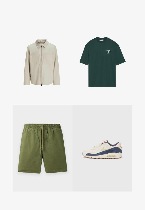 Beige jasje van zachte stof, met een kraag, een voorrits en twee grote borstzakken. Lange mouwen met een relaxte pasvorm.; Donkergroen katoenen T-shirt met korte mouwen. Bevat een witte bedrukte logo op de borst met de tekst "VINTAGE VIBES" en een palm grafiek.; Khaki groene shorts van zacht katoen, met een elastische tailleband en een koord, en zijzakken. Glad textuur, casual ontwerp.; Sneakers met een crème leren en marineblauwe suède bovenkant, voorzien van een zichtbare luchtzool, beige rubberen buitenzool en een rode accent op de hiel.