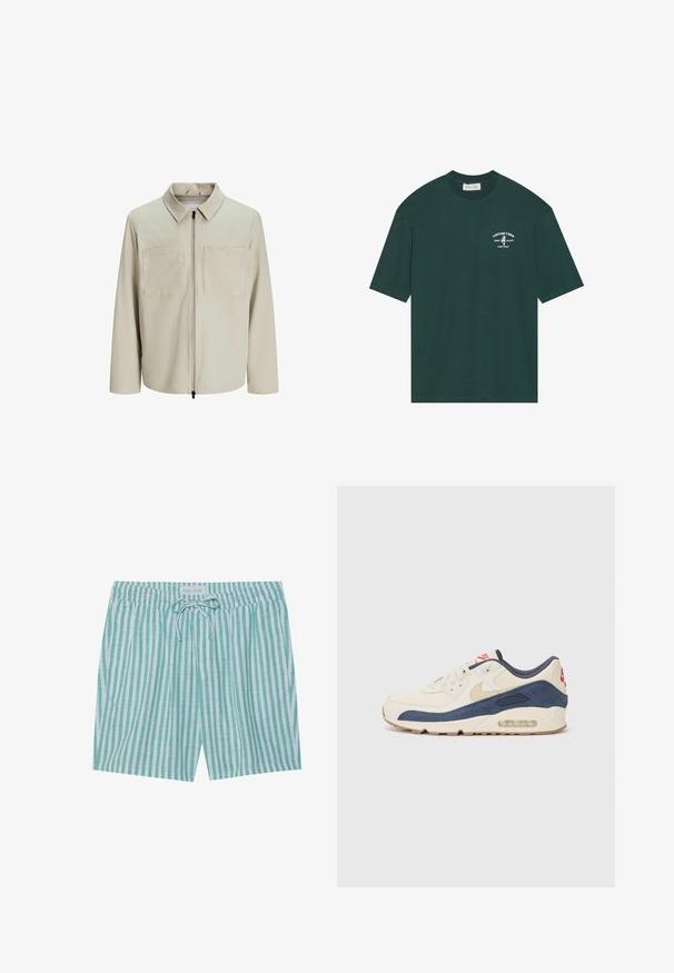 Chaqueta beige hecha de un tejido suave, con cuello, cierre frontal y dos grandes bolsillos en el pecho. Mangas largas con un corte relajado.; Camiseta de algodón verde oscuro con mangas cortas. Presenta un logo impreso en blanco en el pecho que dice "VINTAGE VIBES" junto a un gráfico de una palmera.; Bañador a rayas en verde claro y blanco. Cuenta con una cintura elástica, cierre con cordón y bolsillos laterales. Fabricado con tejido ligero.; Zapatillas con parte superior de cuero crema y gamuza azul marino, que presentan una suela de aire visible, suela de goma beige y un acento rojo en el talón.