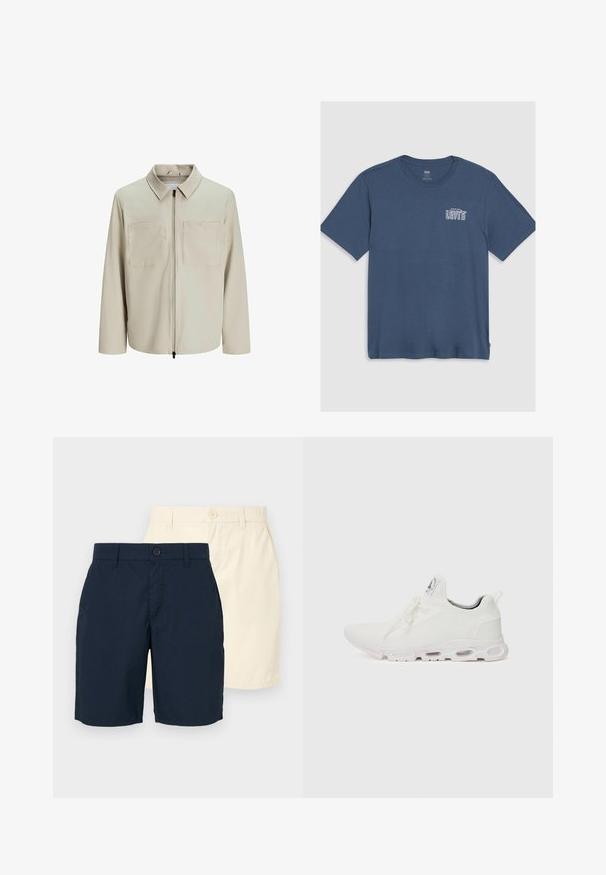 Beige színű, puha anyagból készült dzseki, gallérral, elülső cipzárral és két nagy zsebbe való mellel. Hosszú ujjú, laza fazonú.; Kék pamut póló, kerek nyakkivágással és rövid ujjal. A bal mellen fehér "Levi's" logó található. Egyszerű dizájn.; Két rövidnadrág: egy tengerészkék és egy világos bézs. Mindkettő egyenes szabású, gombos záródású és sima, könnyű anyagból készült.; Fehér sportcipők, texturált kötött felsőrésszel, lapos fűzőkkel és párnázott talppal, amely látható légkamrákkal rendelkezik a megerősített kényelem érdekében.