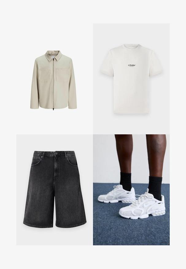 Beige Jacke aus weichem Stoff, mit Kragen, Frontreißverschluss und zwei großen Brusttaschen. Lange Ärmel mit lässiger Passform.; Weißes Baumwoll-T-Shirt mit kurzen Ärmeln, das ein schwarzes "JJ Studios"-Logo auf der Brust zeigt. Rundhalsausschnitt und Standardpassform.; Schwarze Jeans-Shorts mit einem weit geschnittenen, geraden Schnitt, mit einem Frontknopfverschluss und fünf Taschen. Weiche Textur mit einem verwehten Finish.; Weiße Sportschuhe mit Mesh-Obermaterial, strukturierten Akzenten und gepolsterter Sohle. Kombieirt mit schwarzen gerippten Knöchelsocken auf einer blauen Teppichoberfläche.