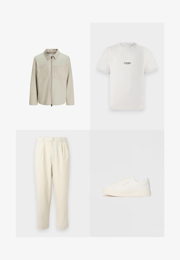 Beige színű, puha anyagból készült dzseki, gallérral, elülső cipzárral és két nagy zsebbe való mellel. Hosszú ujjú, laza fazonú.; Fehér pamut póló rövid ujjakkal, a mellkasán fekete "JJ Studios" logóval. Kerek nyakú és standard fit kialakítás.; Beige, szabott nadrág, elülső redővel és egyenes fazonnal. Derékpánttal és felhajtott szegéllyel rendelkezik. Sima textúrájú.; Fehér slip-on sportcipők texturált felülettel, vastag talppal és minimalista dizájnnal. Az oldalon a márka logója található.