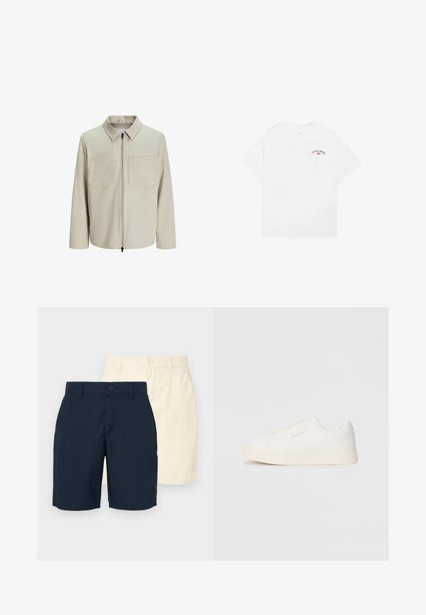 Beige jasje van zachte stof, met een kraag, een voorrits en twee grote borstzakken. Lange mouwen met een relaxte pasvorm.; Witte katoenen t-shirt met korte mouwen, ronde halslijn en een kleine grafische opdruk met de tekst "LA VILLE LUMIÈRE" in zwart en rood op de bovenrug.; Twee paren shorts: één marineblauw en één lichtbeige. Beide hebben een rechte snit, knoopsluiting en een gladde, lichte stof.; Witte instap sneakers met een gestructureerd oppervlak, een dikke zool en een minimalistisch ontwerp. Bevat het merklogo aan de zijkant.