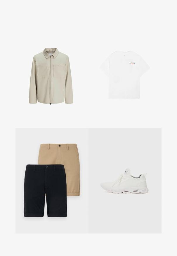 Beige takki, joka on valmistettu pehmeästä kankaasta. Siinä on kaulus, etuvetoketju ja kaksi suurta rintataskua. Pitkät hihat ja rento istuvuus.; Valkoinen puuvillapaita, jossa on lyhyet hihat, pyöreä pääntie ja pieni graafinen teksti "LA VILLE LUMIÈRE" mustana ja punaisena yläselässä.; Kaksi paria shortseja: yksi tummansininen ja yksi khaki. Molemmat ovat puuvillaa, niissä on litteä etuosa, käännettävä helma ja nappikiinnitys.; Valkoiset urheilukengät, joissa on teksturoitu neulepinta, litteät nauhat ja pehmustettu pohja, jossa on näkyvät ilmakammiot lisätuen tarjoamiseksi.