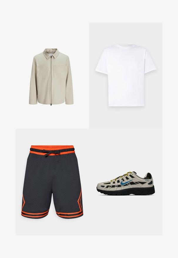 Bežna jakna iz mehkega blaga, z ovratnikom, sprednjim zadrgo in dvema velikima žepoma na prsih. Dolgi rokavi z ohlapnim fitom.; Bela bombažna majica s krojem okroglega izreza in kratkimi rokavi. Gladka tekstura, raven kroj, brez vzorcev ali dodatkov. Prikazana je le zadnja stran.; Črne športne hlače s pomarančnimi detajli, z mrežasto teksturo, elastičnim pasom z vrvico in kontrastnimi stranskimi trakovi.; Bež in črne Nike P-6000 superge z modrim logotipom, rumenimi vezalkami, črnim podplatom in oznako iz Cordura tkanine na peti.