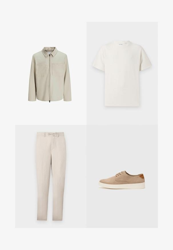 Beige takki, joka on valmistettu pehmeästä kankaasta. Siinä on kaulus, etuvetoketju ja kaksi suurta rintataskua. Pitkät hihat ja rento istuvuus.; Valkoinen lyhythihainen T-paita ribbikuviossa. Pyöreä kaula-aukko, rento istuvuus, ei näkyviä kuvioita tai yksityiskohtia. Yksinkertainen ja monikäyttöinen muotoilu.; Beige kevyet suorat housut, joissa on nauhavyötärö, litteä etuosa ja minimaalinen ryppyisyys. Varustettu vyölenkeillä ja sivutaskuilla.; Beige nubuck-lenkkarit, joissa on pyöreä kärki, nauhakiinnitys ja teksturoitu takaosa. Valkoinen kumipohja tuo kontrastia. Yksinkertainen ja moderni muotoilu.